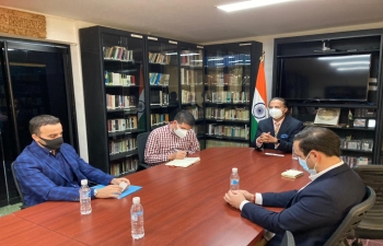 A delegation of Venezuelan- Israeli Chamber of Economy called on Ambassador Abhishek Singh today at the Embassy and briefed him about the activities of the Chamber. They expressed interest in the area of pharmaceutical products and even brought medicine exported from India for treating COVID